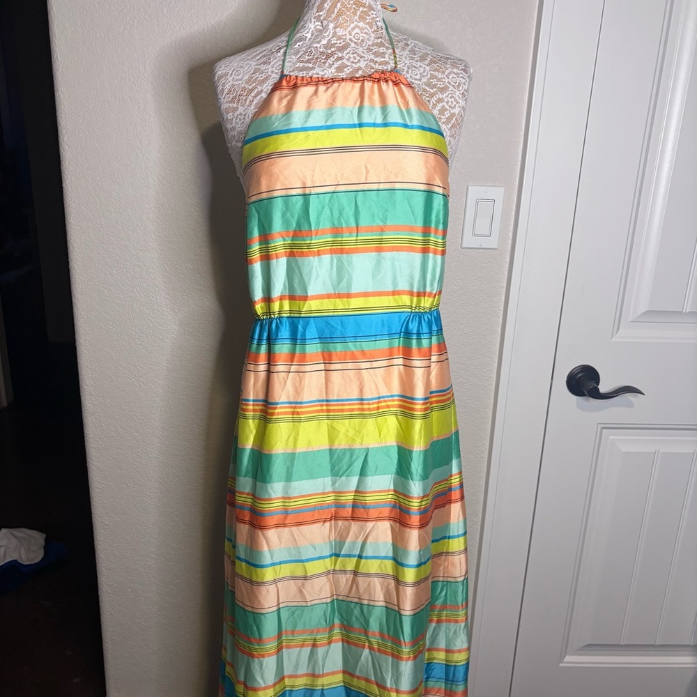 Ann Taylor Striped Halter Maxi Dress in Peach, Mint, Blue